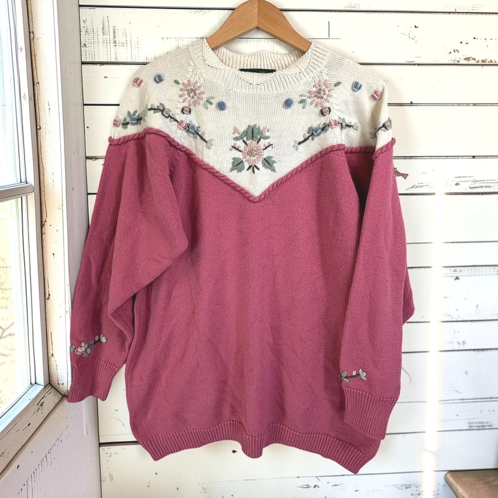 Vintage Sweater L Pink Cream Floral Embroidered 3D Yoke Cottage Grandma Whimsy